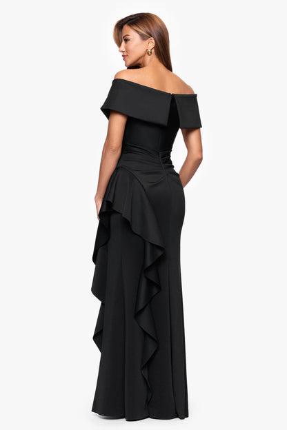 Petite "Pearl" Techno Scuba Off the Shoulder Ruffle Dress Black