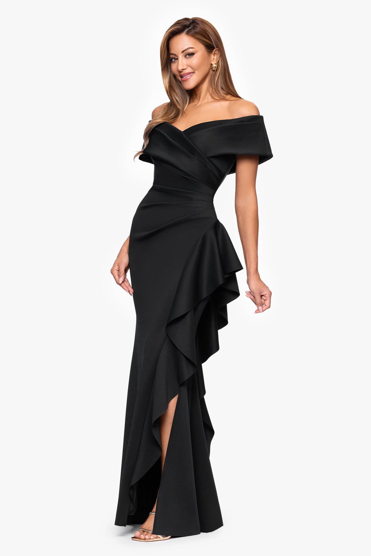 Petite "Pearl" Techno Scuba Off the Shoulder Ruffle Dress Black