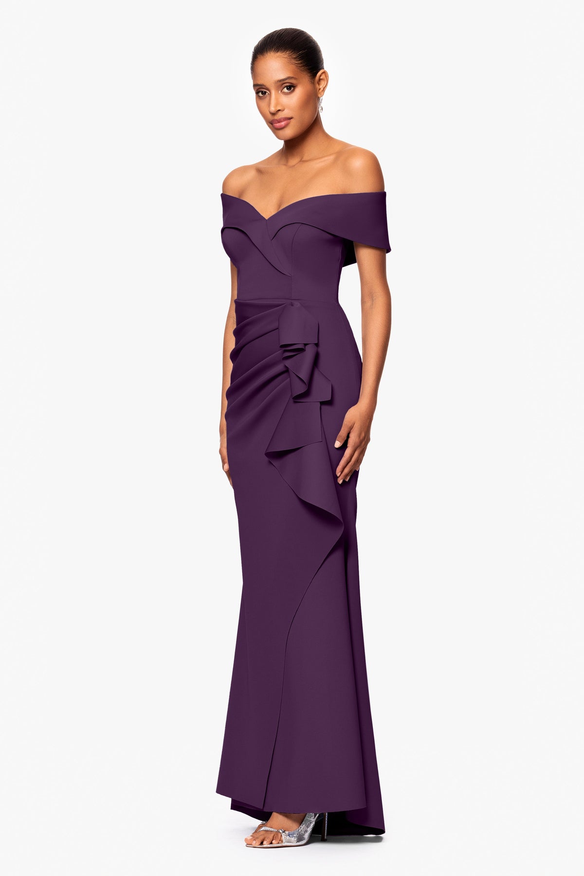 "Patti" Techno Scuba Off The Shoulder Dress Plum