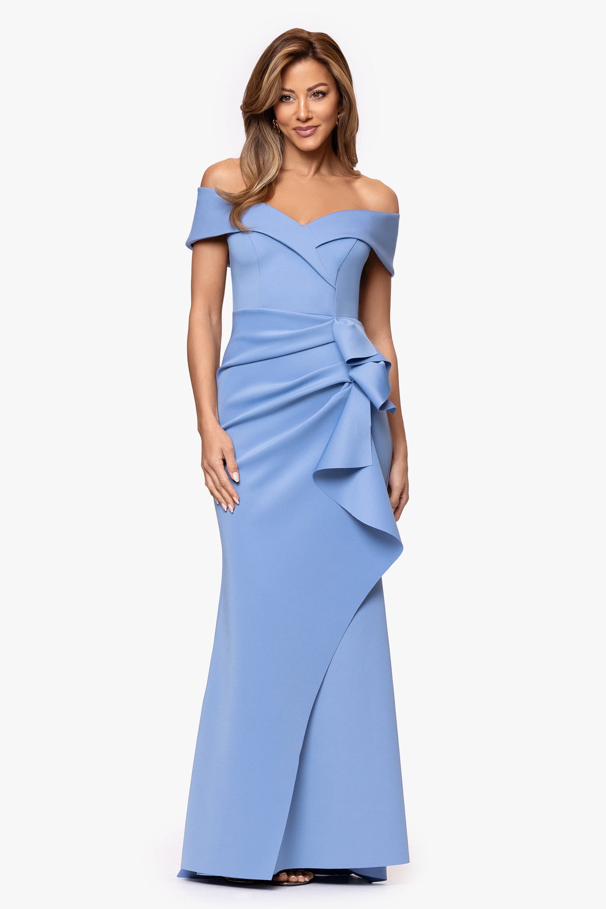 Petite "Patti" Techno Scuba Off The Shoulder Dress Slate