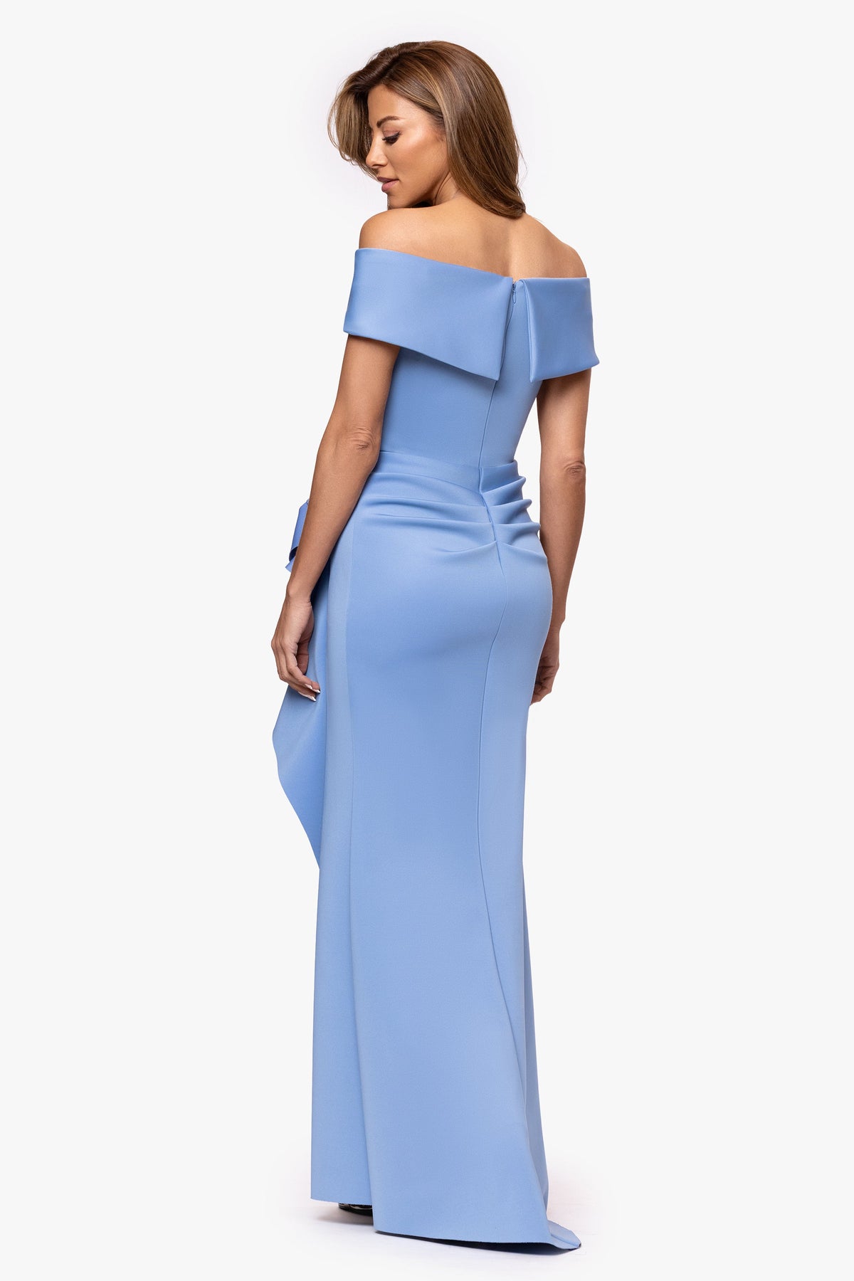 Petite "Patti" Techno Scuba Off The Shoulder Dress Slate