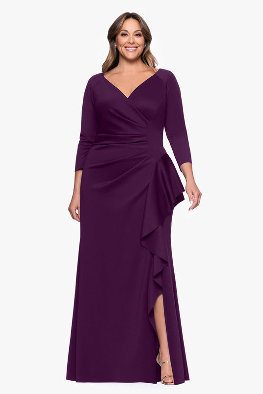 Plus "Amber" Techno Scuba 3/4 Sleeve V-Neck Ruffle Dress Plum