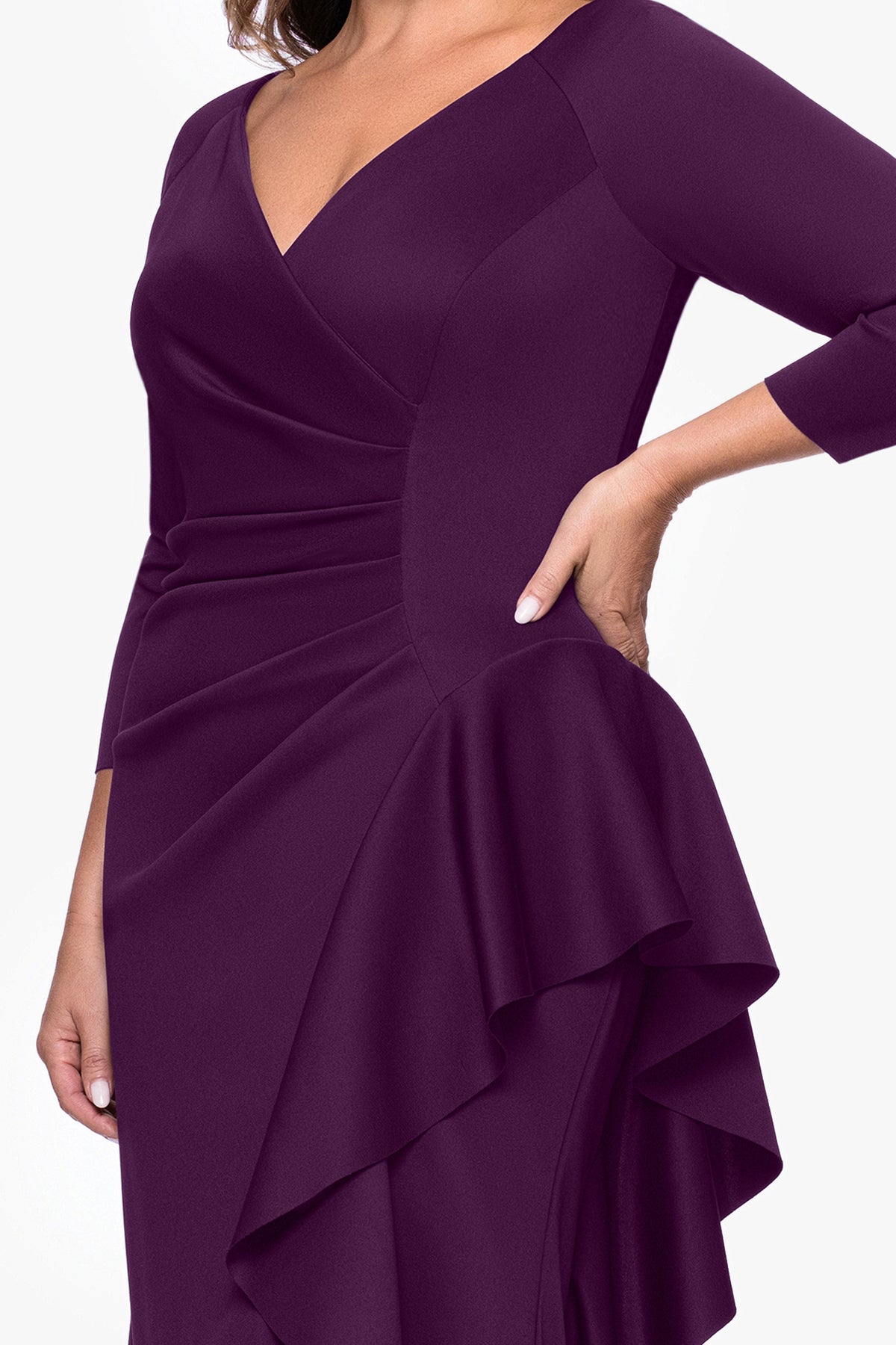 Plus "Amber" Techno Scuba 3/4 Sleeve V-Neck Ruffle Dress Plum