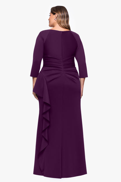 Plus "Amber" Techno Scuba 3/4 Sleeve V-Neck Ruffle Dress Plum