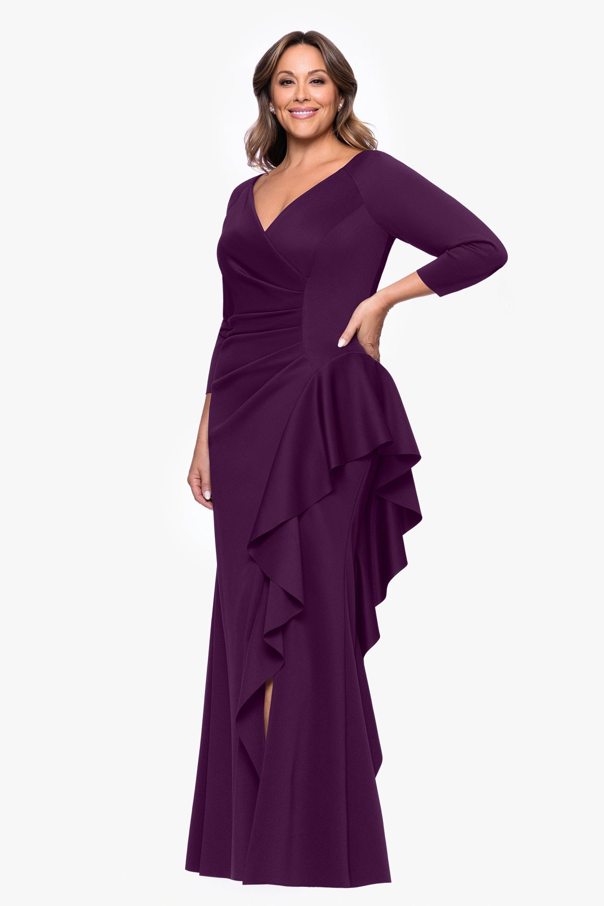 Plus "Amber" Techno Scuba 3/4 Sleeve V-Neck Ruffle Dress Plum