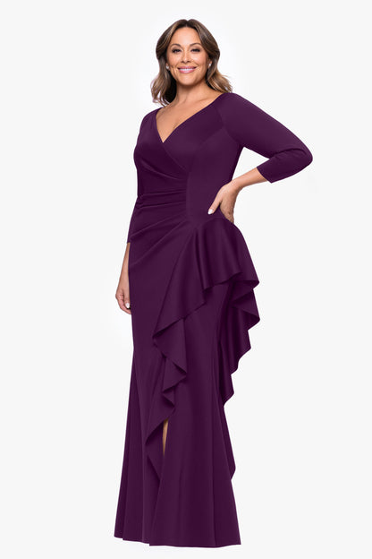 Plus "Amber" Techno Scuba 3/4 Sleeve V-Neck Ruffle Dress Plum