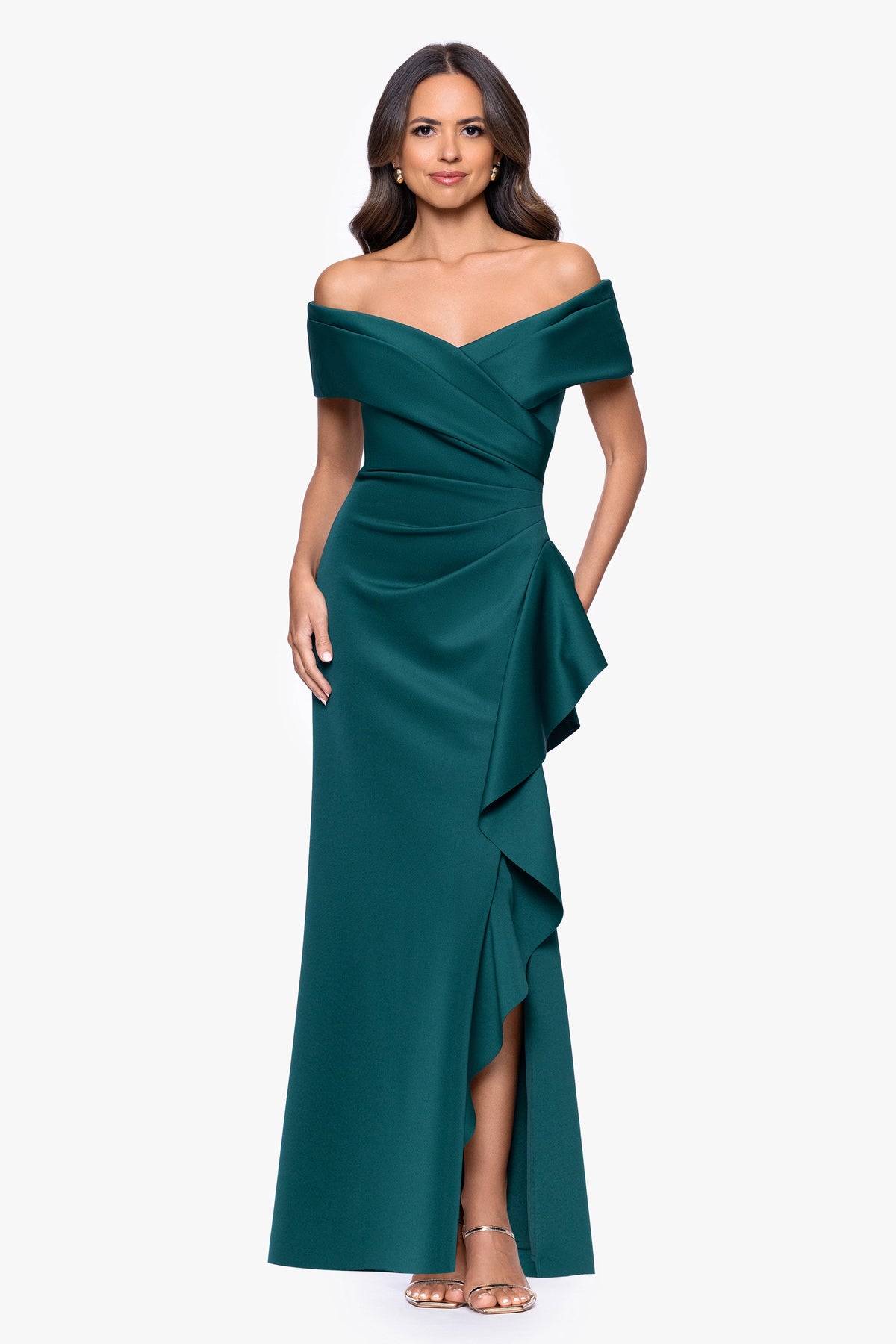 Petite "Pearl" Techno Scuba Off the Shoulder Ruffle Dress Hunter