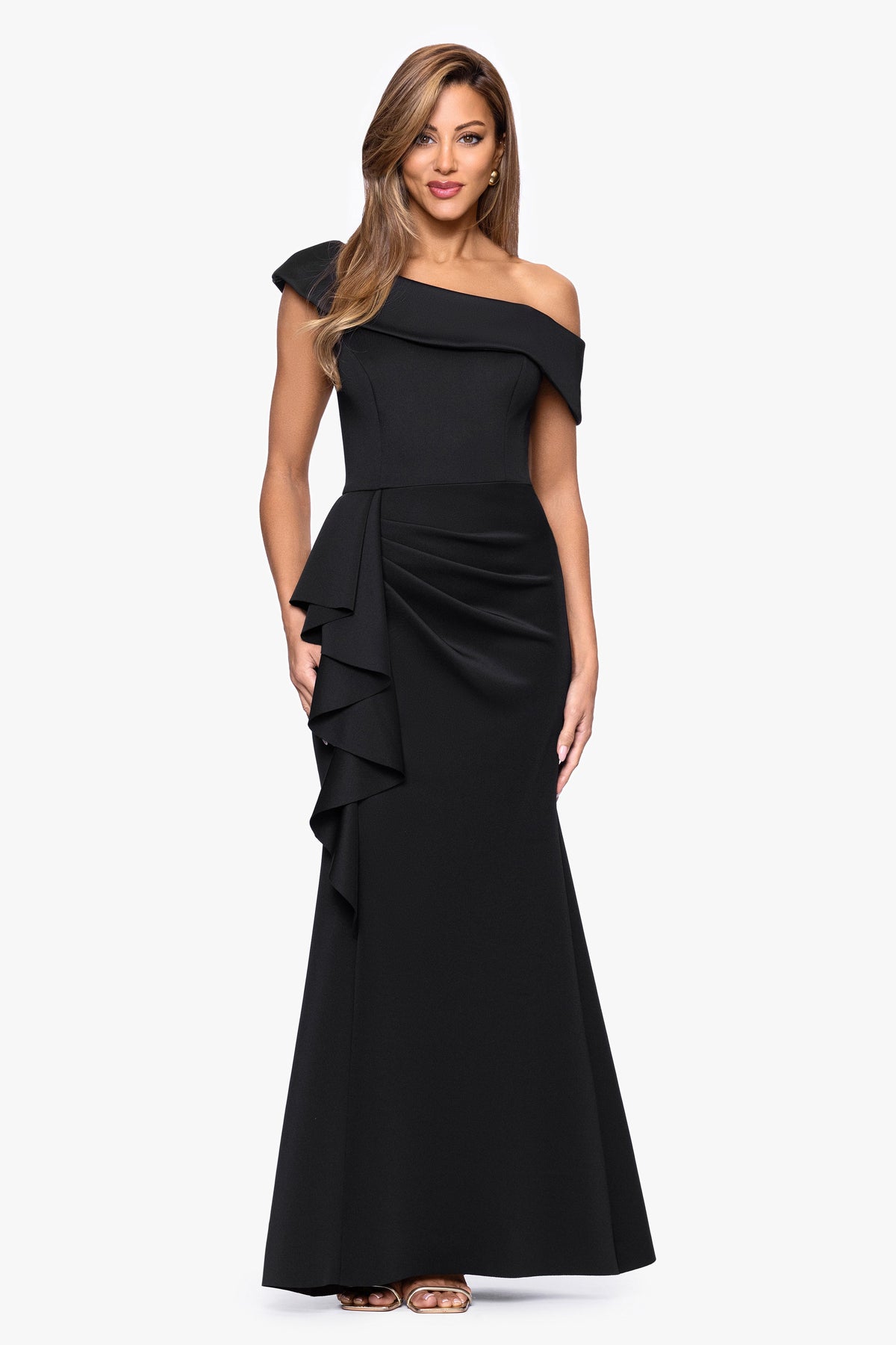 "Valerie" Techno Scuba Off the Shoulder Ruffle Dress Black