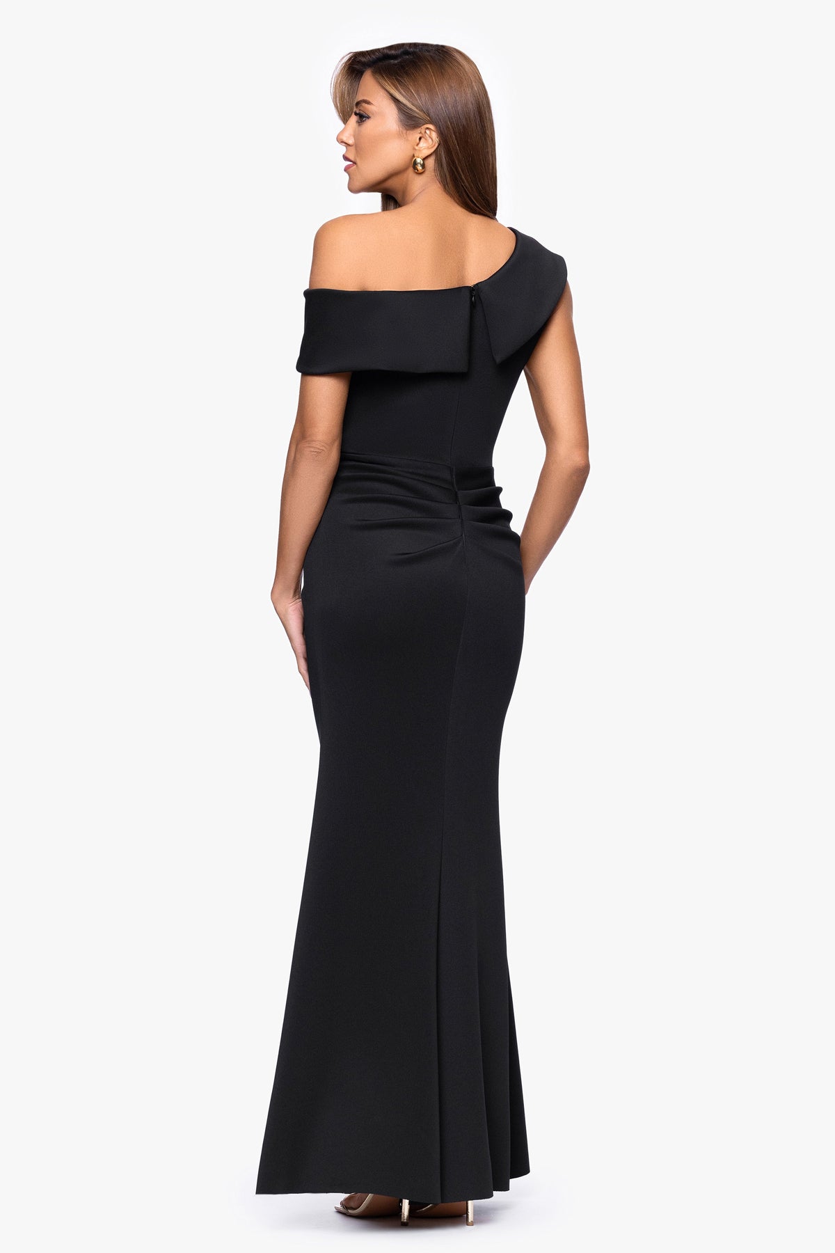 "Valerie" Techno Scuba Off the Shoulder Ruffle Dress Black