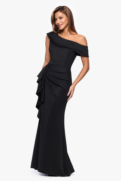 "Valerie" Techno Scuba Off the Shoulder Ruffle Dress Black
