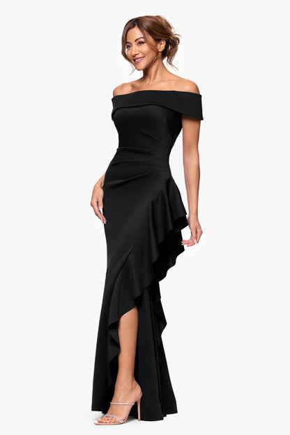 Petite "Dolly" Techno Scuba Off the Shoulder Ruffle Dress Black
