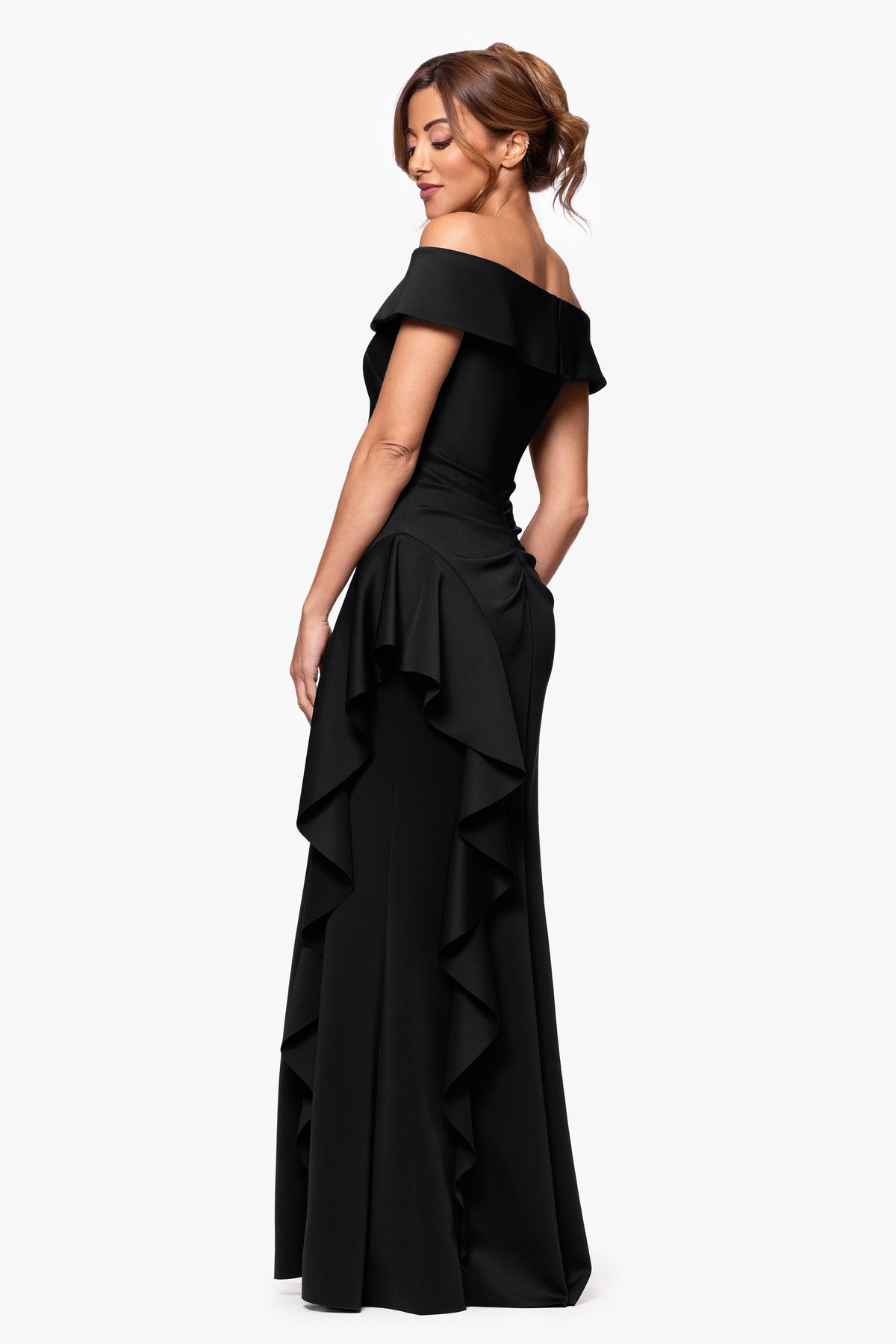 Petite "Dolly" Techno Scuba Off the Shoulder Ruffle Dress Black