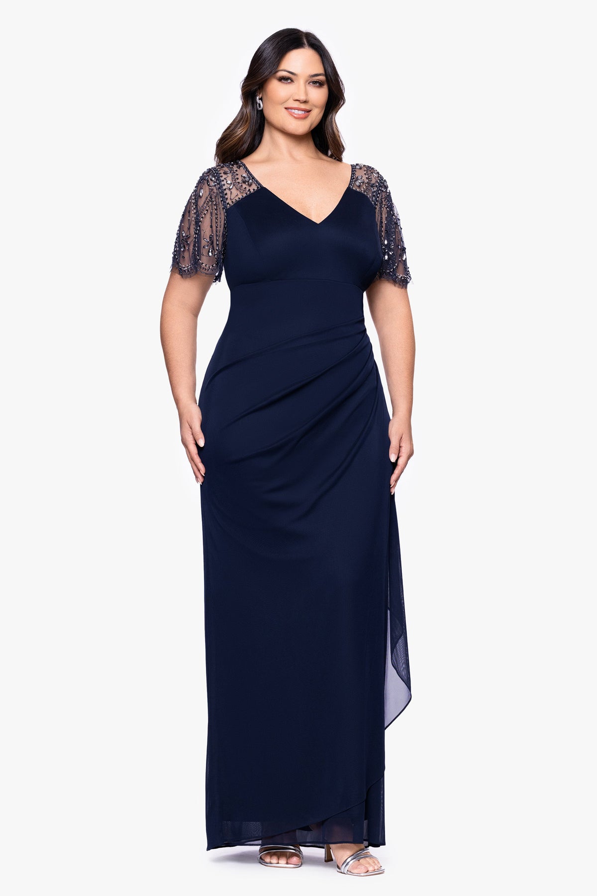 Plus "Lana" Sheer Matte Jersey Beaded Flutter Sleeve Dress Navy