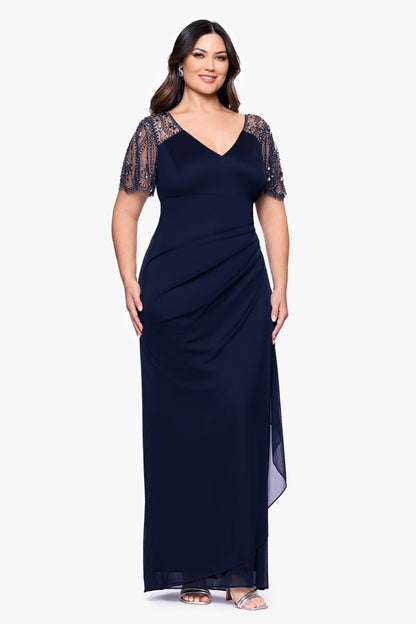 Plus "Lana" Sheer Matte Jersey Beaded Flutter Sleeve Dress Navy