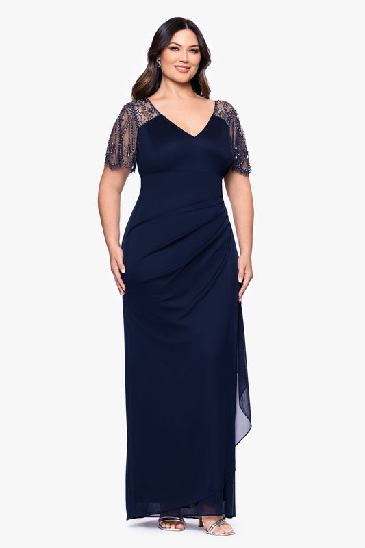 Plus "Lana" Sheer Matte Jersey Beaded Flutter Sleeve Dress Navy