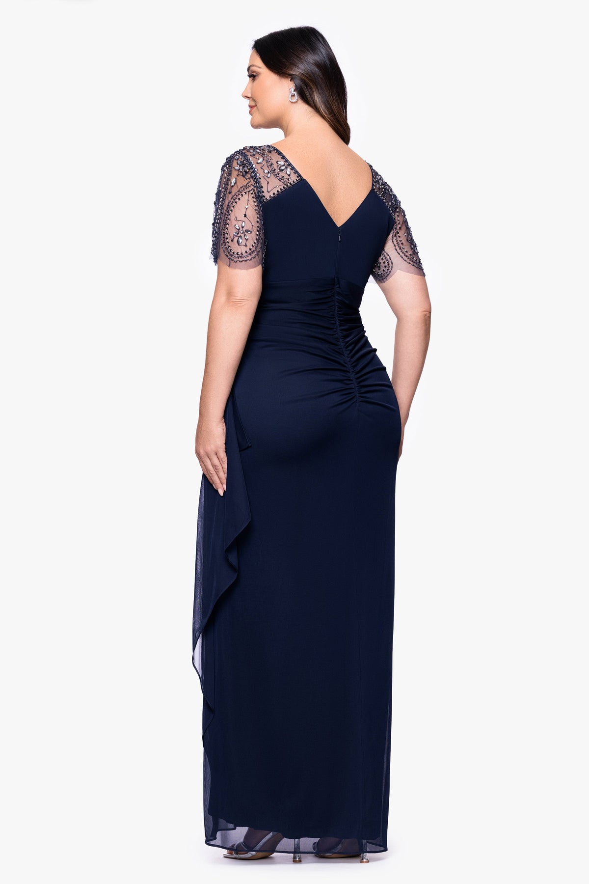 Plus "Lana" Sheer Matte Jersey Beaded Flutter Sleeve Dress Navy