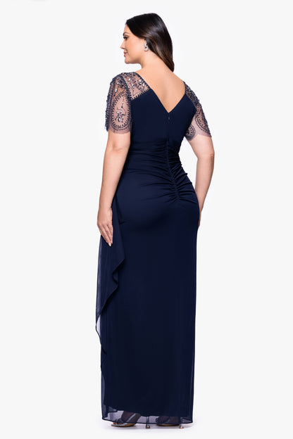 Plus "Lana" Sheer Matte Jersey Beaded Flutter Sleeve Dress Navy