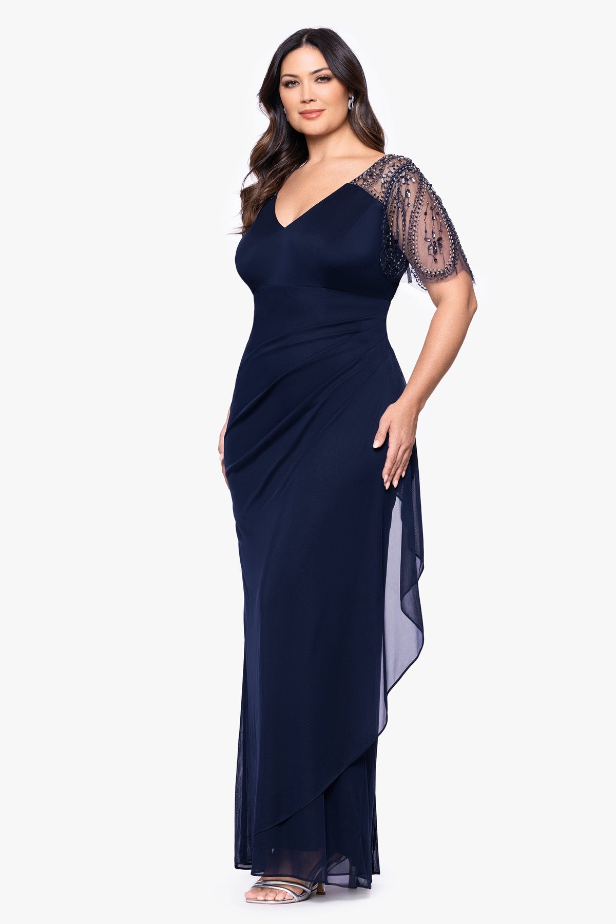 Plus "Lana" Sheer Matte Jersey Beaded Flutter Sleeve Dress Navy