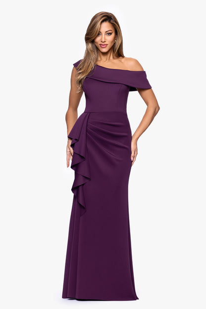 Petite "Valerie" Techno Scuba Off the Shoulder Ruffle Dress Plum
