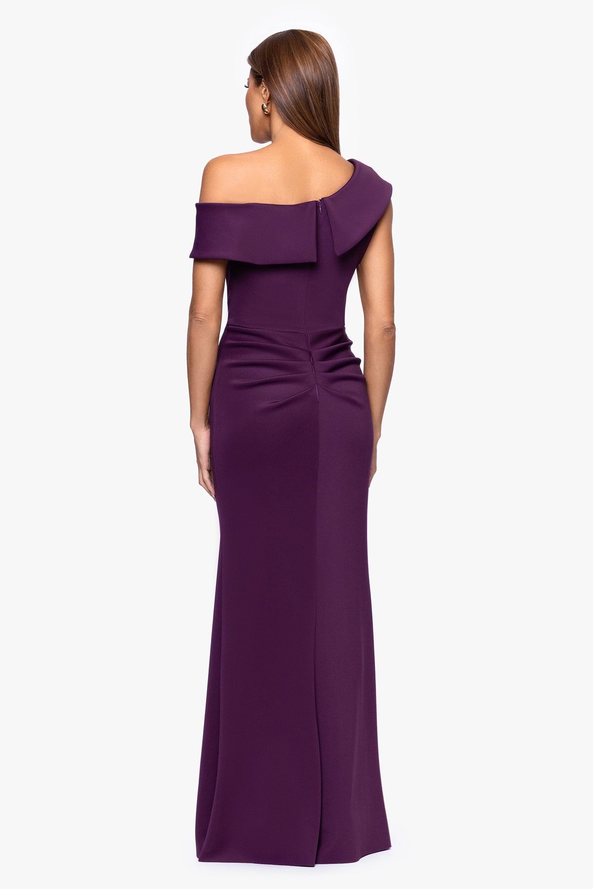 Petite "Valerie" Techno Scuba Off the Shoulder Ruffle Dress Plum