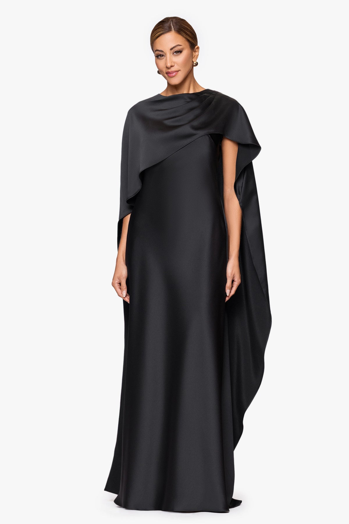 "Tallulah" Satin Overlay Cape Dress Black