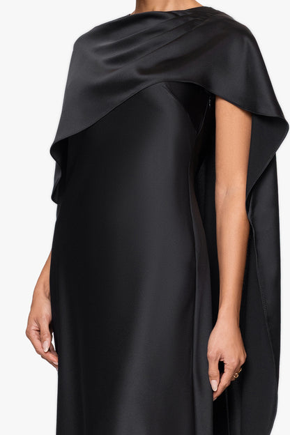 "Tallulah" Satin Overlay Cape Dress Black