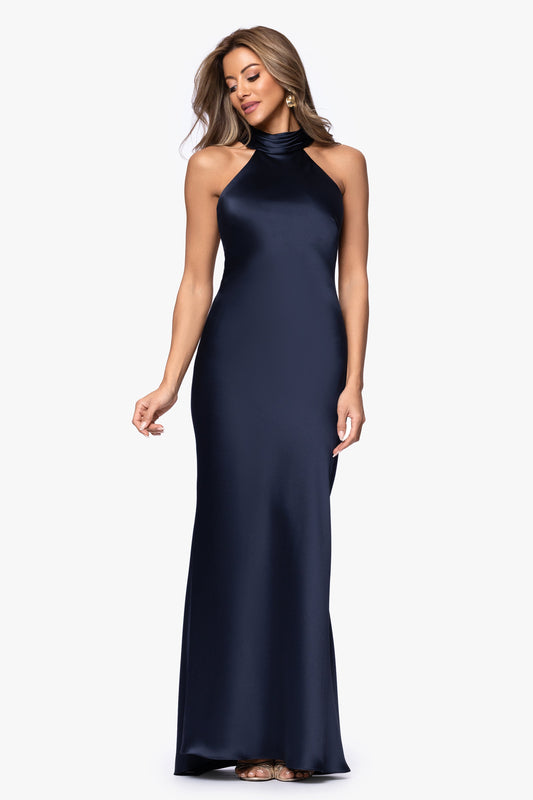 "Ruth" Satin High Tie Neck Backless Dress Navy
