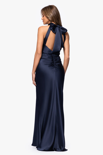 "Ruth" Satin High Tie Neck Backless Dress Navy