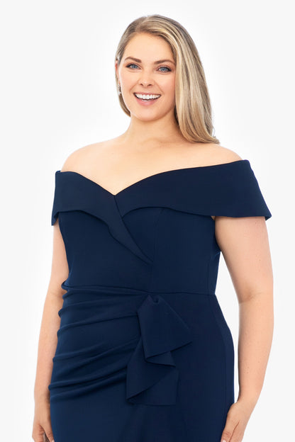 Plus "Patti" Techno Scuba Off The Shoulder Dress Midnight