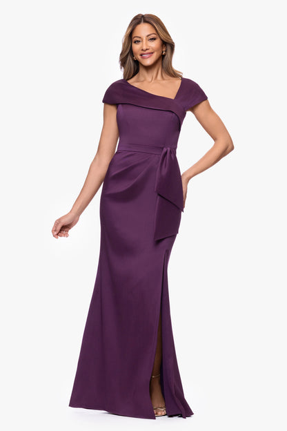 Petite "Katelyn" Stretch Mikado Asymmetrical Neckline Dress Plum