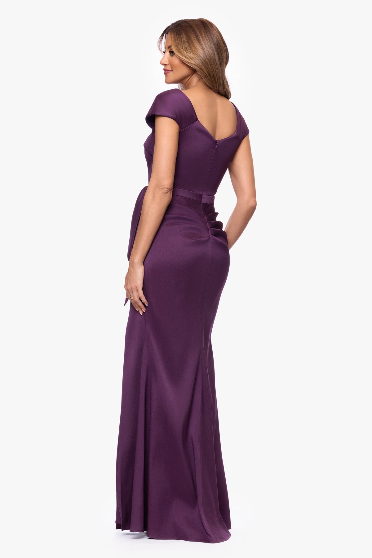 Petite "Katelyn" Stretch Mikado Asymmetrical Neckline Dress Plum