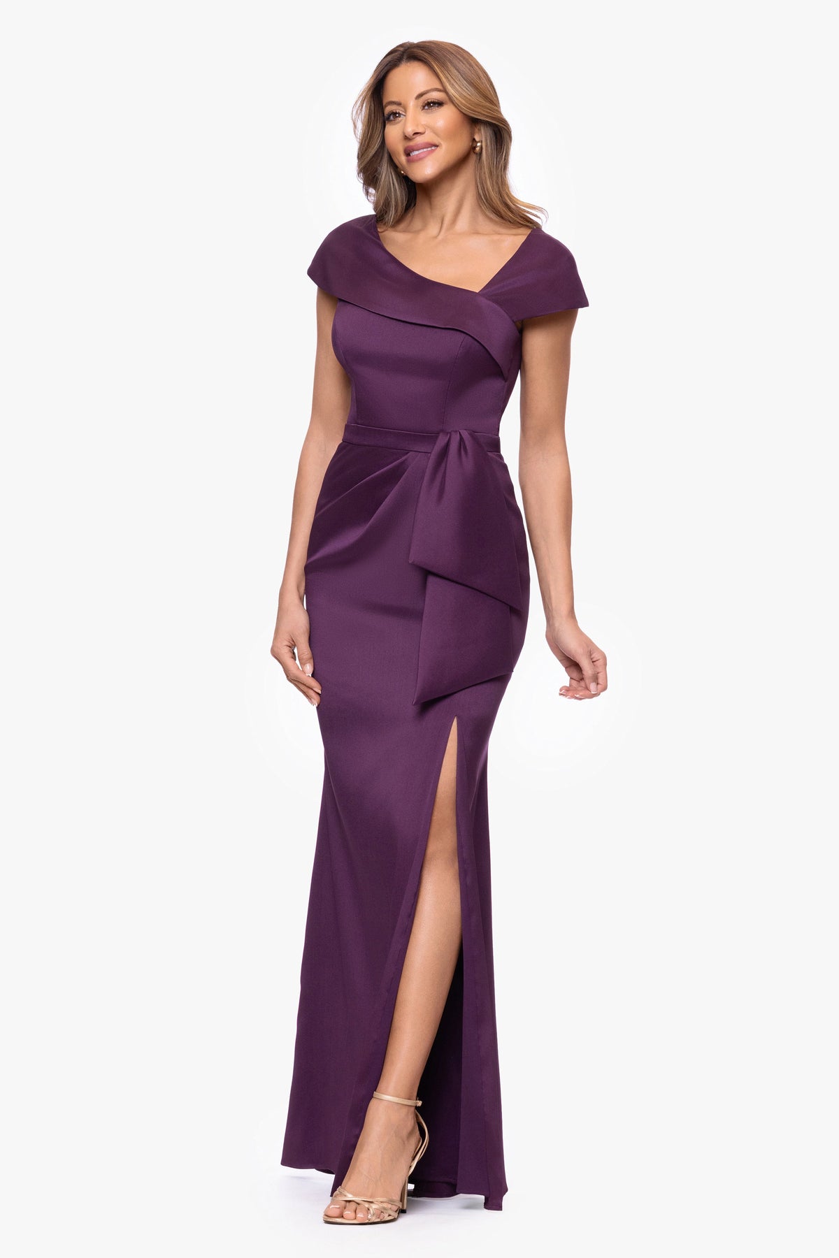 Petite "Katelyn" Stretch Mikado Asymmetrical Neckline Dress Plum