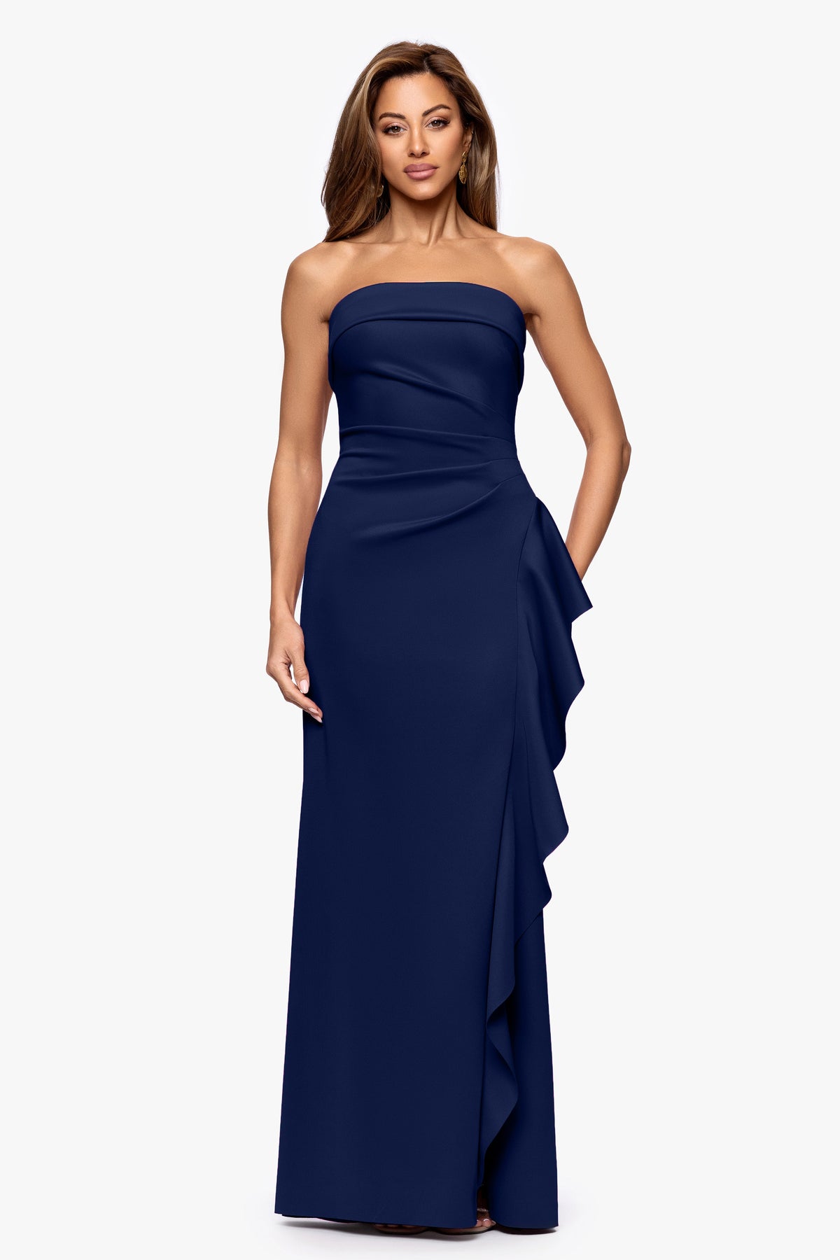 "Jacqueline" Techno Scuba Strapless Ruffle Dress Midnight