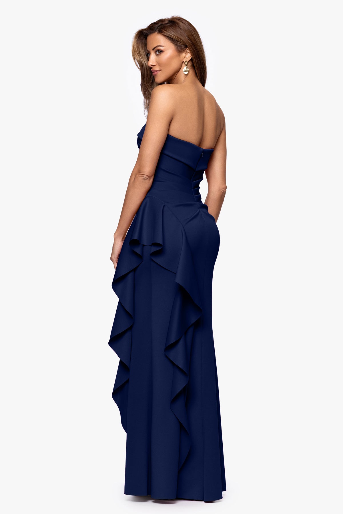 "Jacqueline" Techno Scuba Strapless Ruffle Dress Midnight