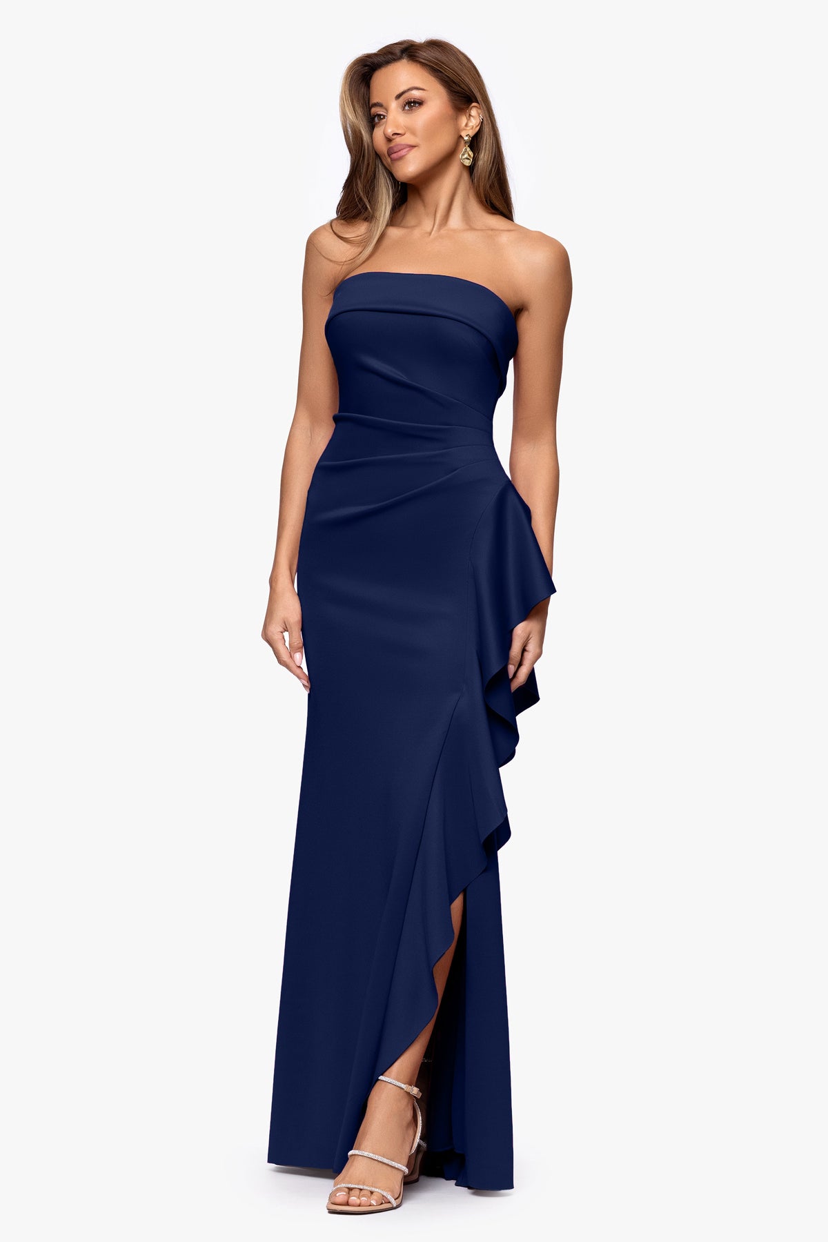 "Jacqueline" Techno Scuba Strapless Ruffle Dress Midnight