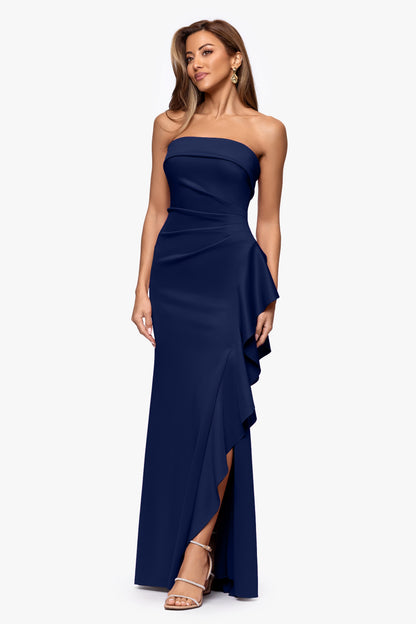 "Jacqueline" Techno Scuba Strapless Ruffle Dress Midnight
