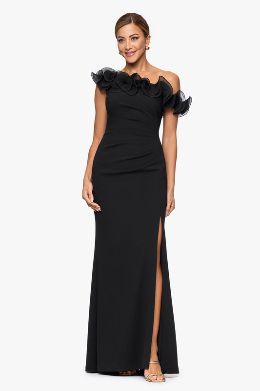 "Delilah" Scuba Crepe Drop Shoulder Chiffon Ruffle Dress Black