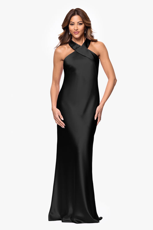 "Francesca" Satin Halter Tie Neck Dress Black