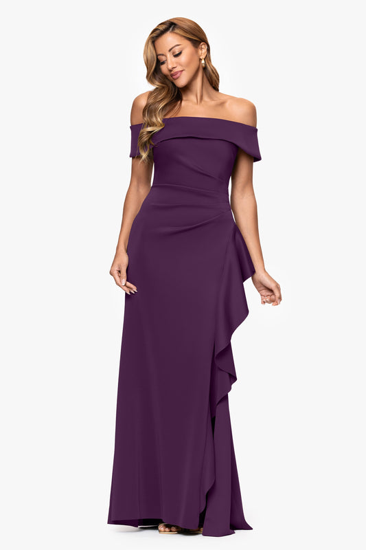 "Dolly" Techno Scuba Off The Shoulder Ruffle Dress Plum