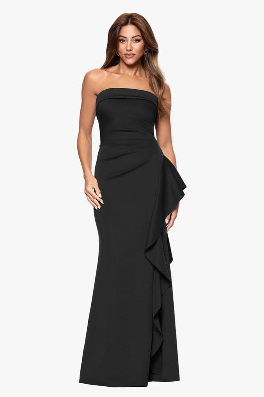 Petite "Jacqueline" Techno Scuba Strapless Ruffle Dress Black