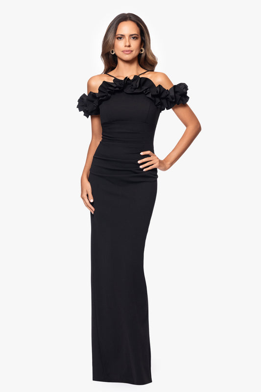 Petite "Tyla" Scuba Crepe Ruffle Top Dress Black