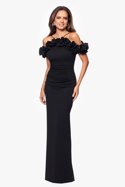 Petite "Tyla" Scuba Crepe Ruffle Top Dress Black