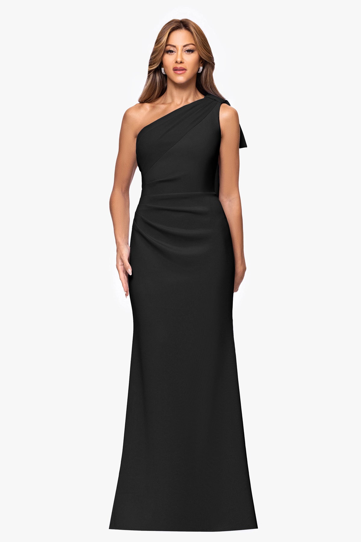 "Gwen" Techno Scuba One Shoulder Sash Dress Black