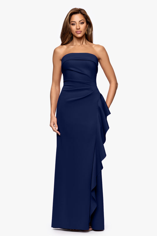 Petite "Jacqueline" Techno Scuba Strapless Ruffle Dress Midnight