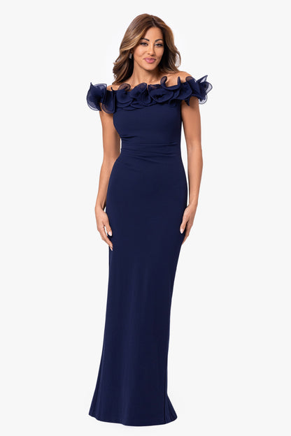 "Jessica" Scuba Crepe Ruffle Wire Neck Dress Navy
