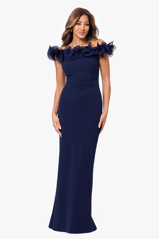 "Jessica" Scuba Crepe Ruffle Wire Neck Dress Navy