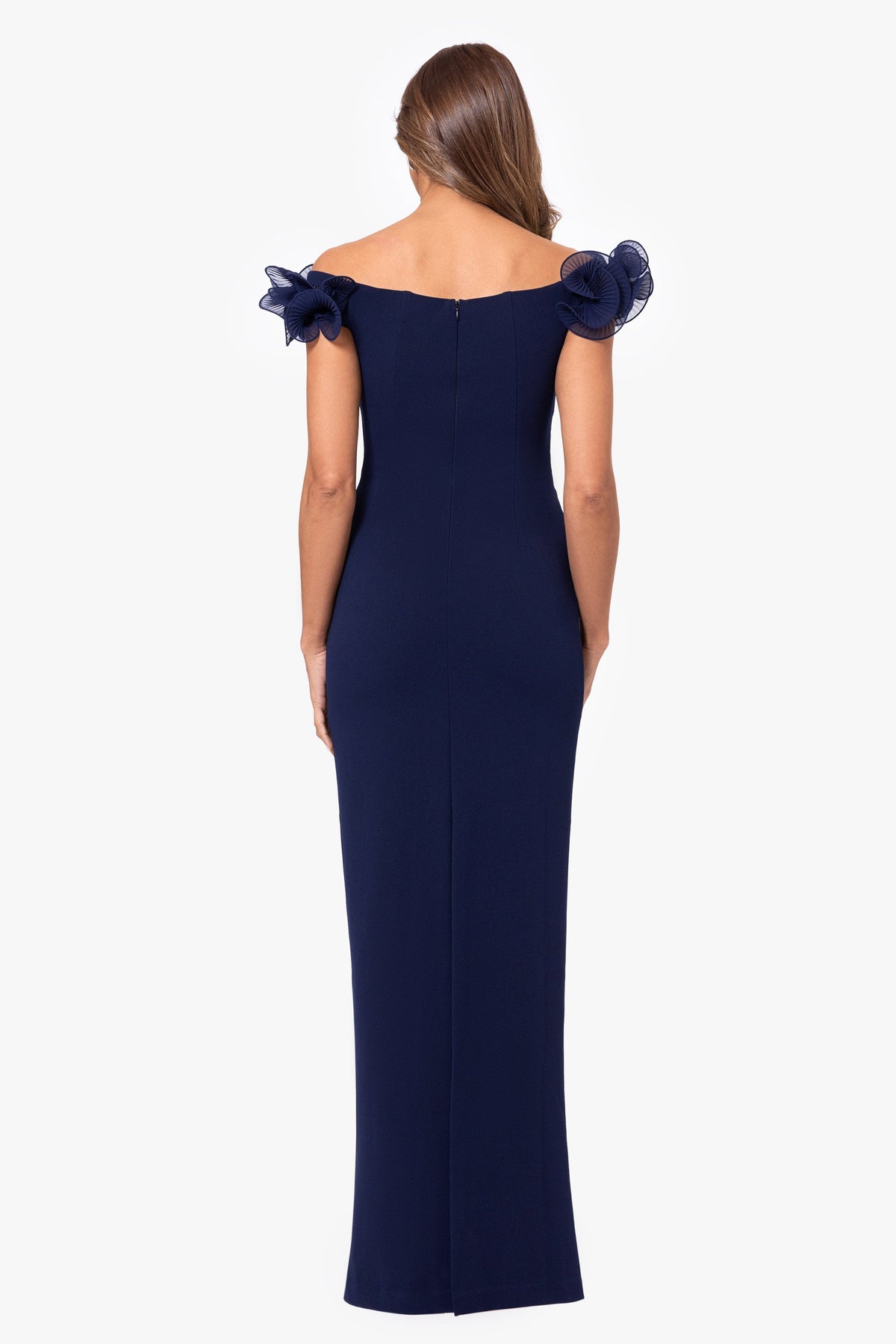"Jessica" Scuba Crepe Ruffle Wire Neck Dress Navy