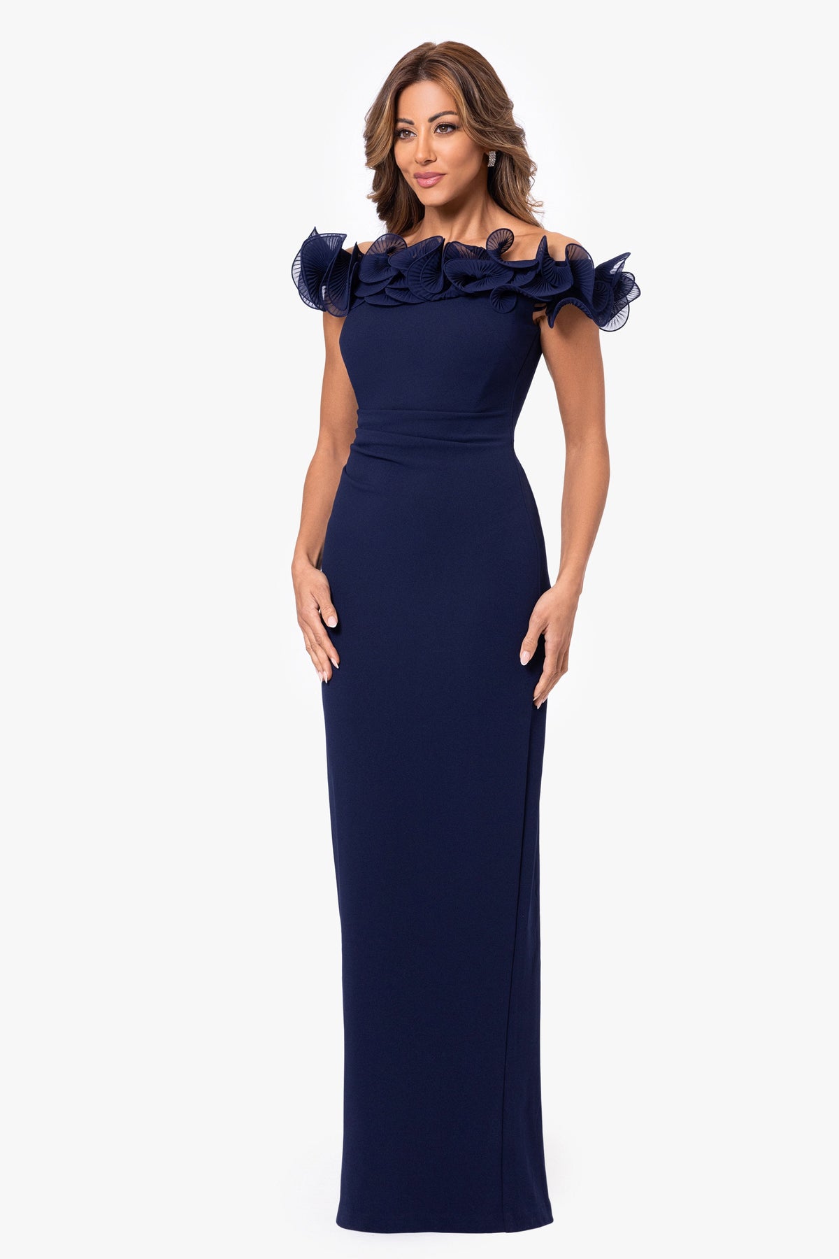 "Jessica" Scuba Crepe Ruffle Wire Neck Dress Navy