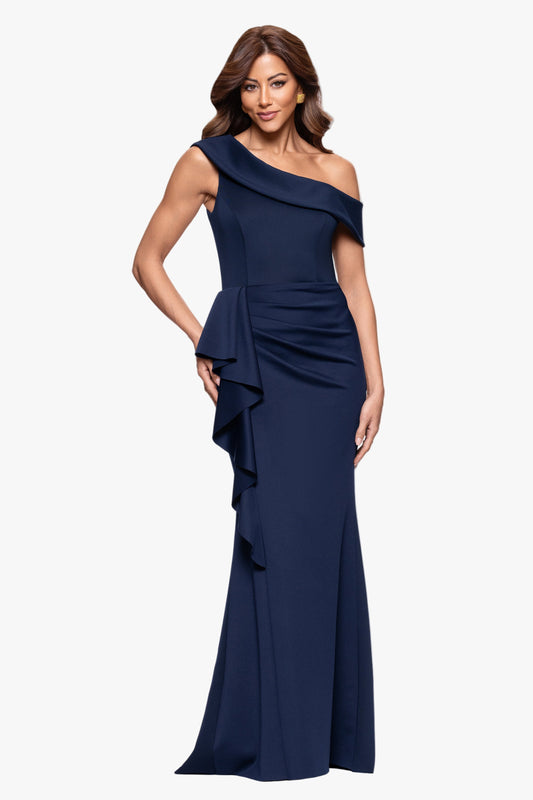 Petite "Valerie" Techno Scuba Off the Shoulder Ruffle Dress Midnight