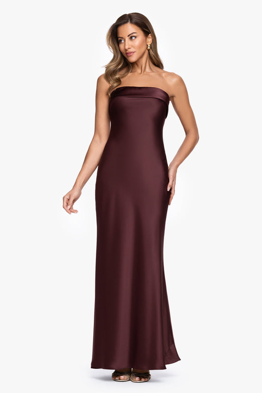 "Reese" Satin Long Strapless Gown Chocolate